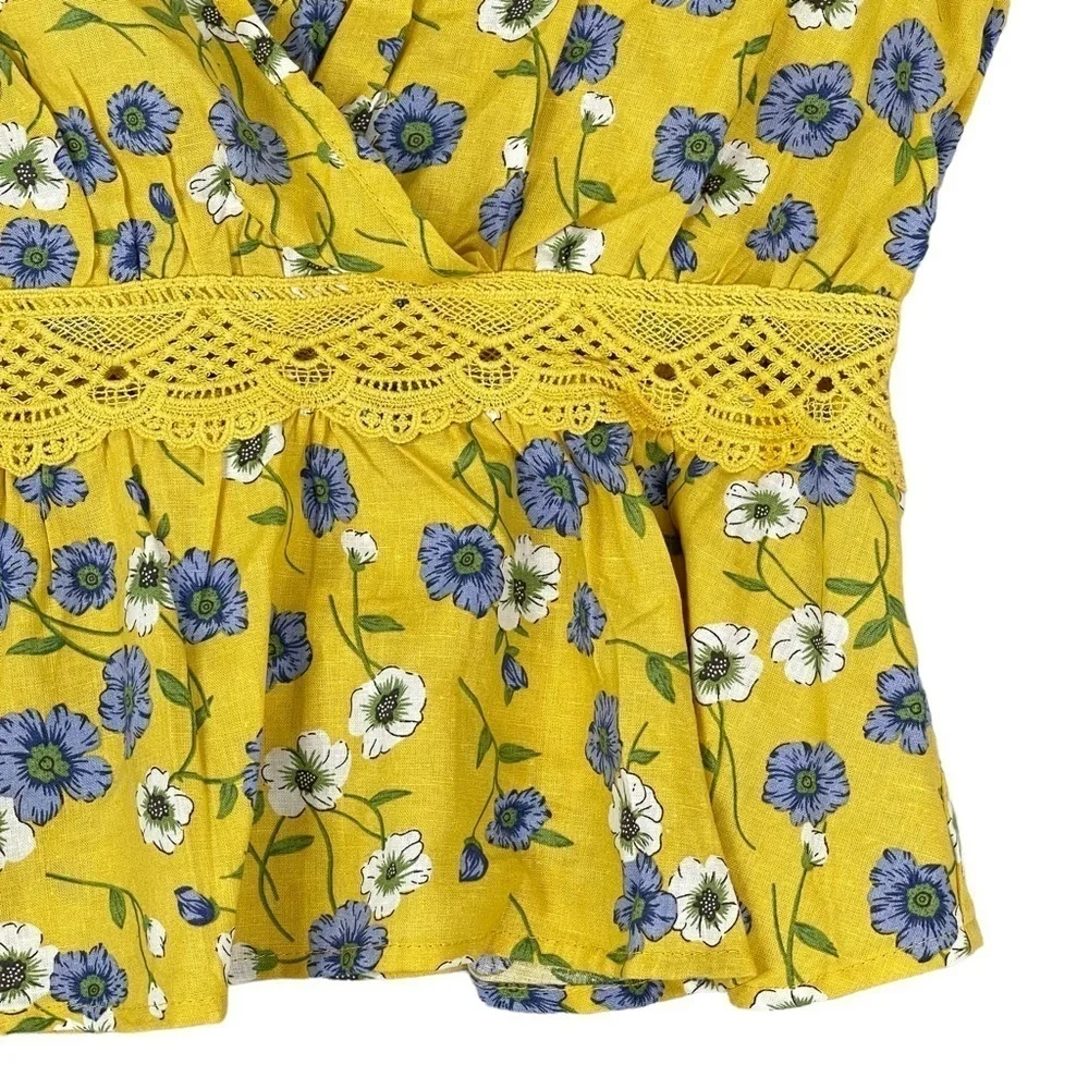 Cupcakes and Cashmere Floral Top Small Yellow Keyhole Open Back Linen Blend - Picture 6 of 16